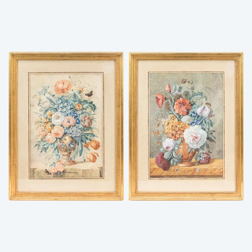 Coppia di gouaches con mazzi di fiori, fine XIX secolo - LS3555601