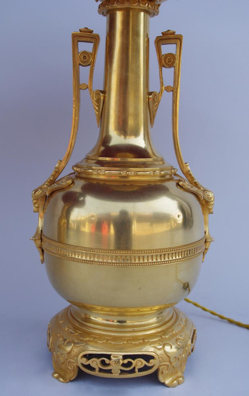 Coppia di lampade a bottiglia in ottone e bronzo dorato, 1880 circa - LS2158891