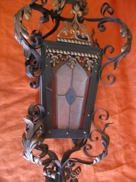 Chandelier with stained glass and wrought iron consists of four XIXth sides