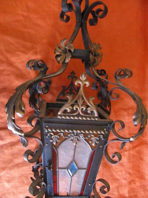 Chandelier with stained glass and wrought iron consists of four XIXth sides