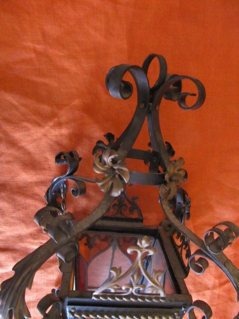 Chandelier with stained glass and wrought iron consists of four XIXth sides