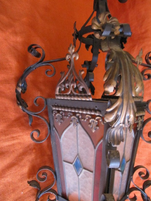 Chandelier with stained glass and wrought iron consists of four XIXth sides