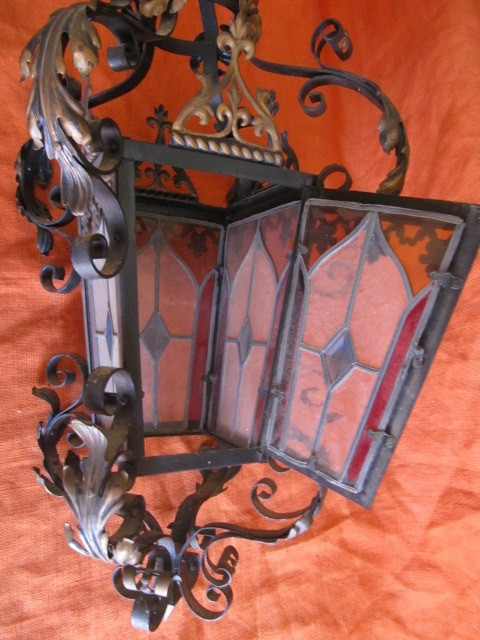 Chandelier with stained glass and wrought iron consists of four XIXth sides