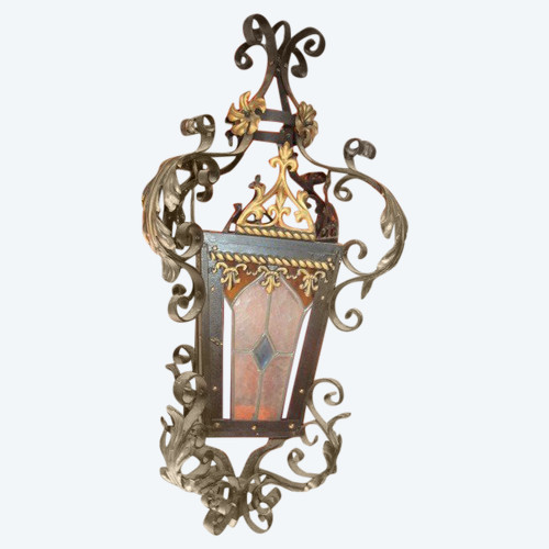 Chandelier with stained glass and wrought iron consists of four XIXth sides