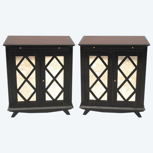 Pair Of Sideboards In Black Lacquer Decorated With Braces, Circa 1950 - LS27931601