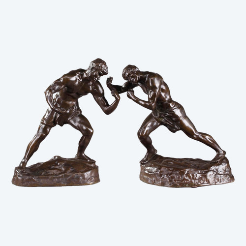 Statuette in Bronzo "due Pugili" Firmate "jef Lambeaux", Fine Ottocento