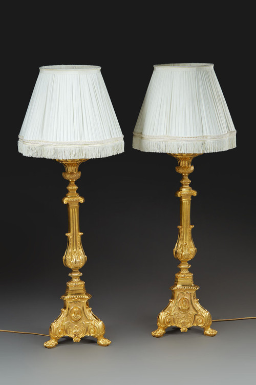Pair Of Gilded Bronze Candlesticks With Medallion Decoration And Lampshade, 19th Century 