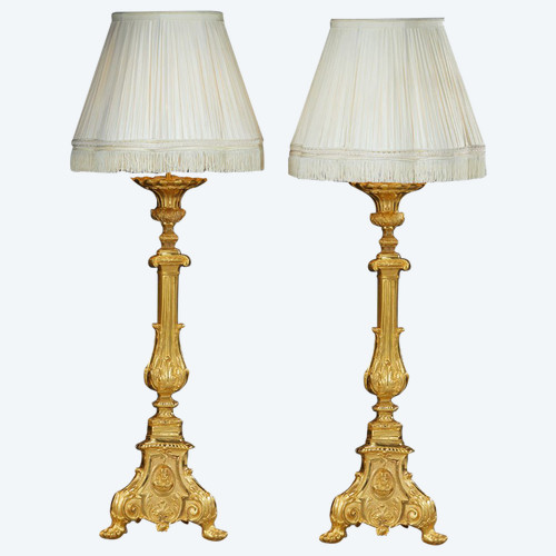 Pair Of Gilded Bronze Candlesticks With Medallion Decoration And Lampshade, 19th Century 