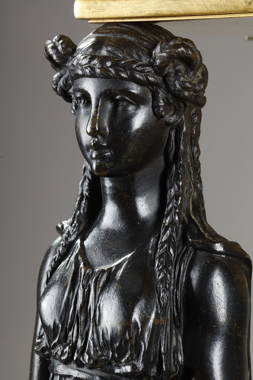 Jardinière de table à cariatides en bronze et marbre vert de mer, style Empire, XIXe siècle