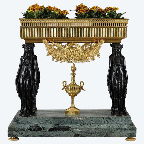 Jardinière de table à cariatides en bronze et marbre vert de mer, style Empire, XIXe siècle