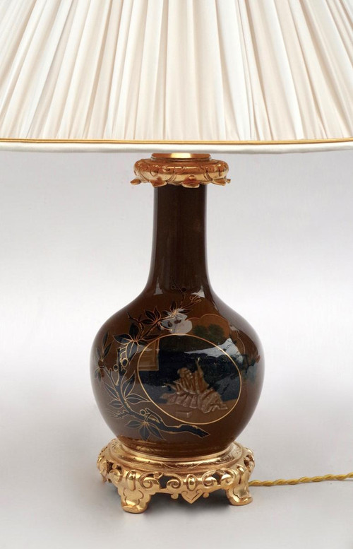 Paire de lampes en porcelaine japonisante brune et bleue, XIXe siècle - LS3521651