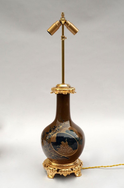 Paire de lampes en porcelaine japonisante brune et bleue, XIXe siècle - LS3521651