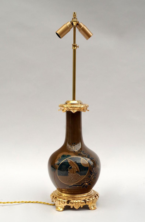 Paire de lampes en porcelaine japonisante brune et bleue, XIXe siècle - LS3521651