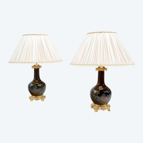 Paire de lampes en porcelaine japonisante brune et bleue, XIXe siècle - LS3521651