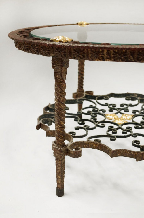 Circular Coffee Table In Wrought Iron And Gold Highlights, 1950s - LS2413461
