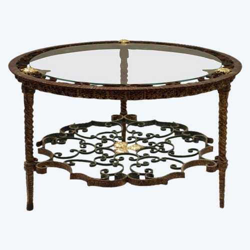 Circular Coffee Table In Wrought Iron And Gold Highlights, 1950s - LS2413461