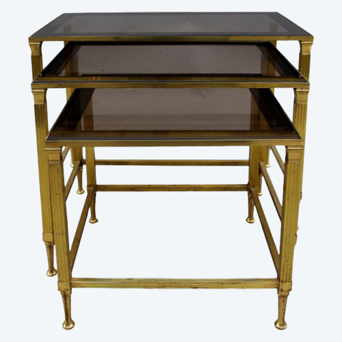 Nesting tables in gilded metal and smoked glass top, 20th century - OP171301