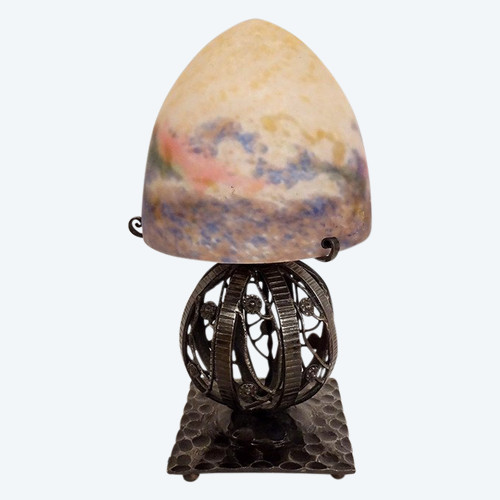 Kugellampe Muller Frères Obus Paste De Verre Schmiedeeisen Gehämmert Art Déco XX.