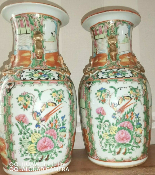 Pair of 19th century Chinese canton porcelain vases 34.5 cm high