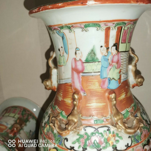 Pair of 19th century Chinese canton porcelain vases 34.5 cm high