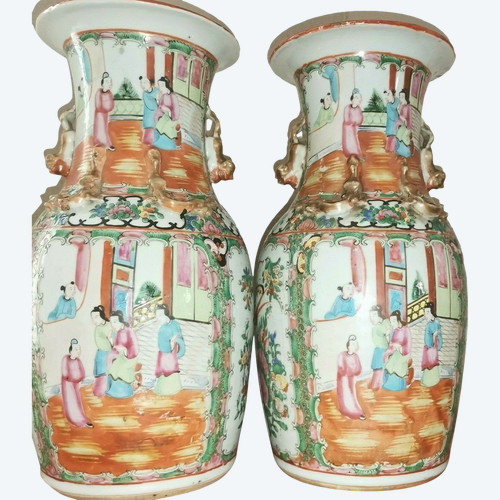 Pair of 19th century Chinese canton porcelain vases 34.5 cm high