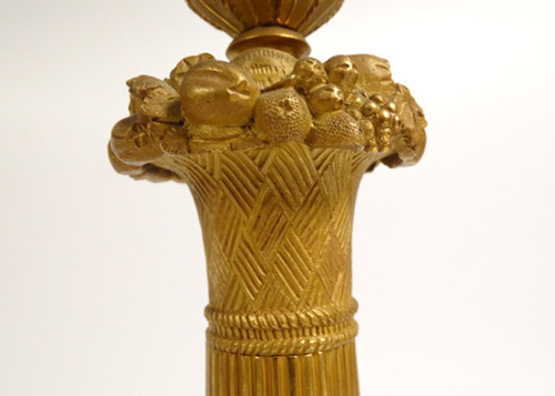 Paire Bougeoirs Flambeaux Bronze Doré Papillons Fleur Fruit Ier Empire XIXè