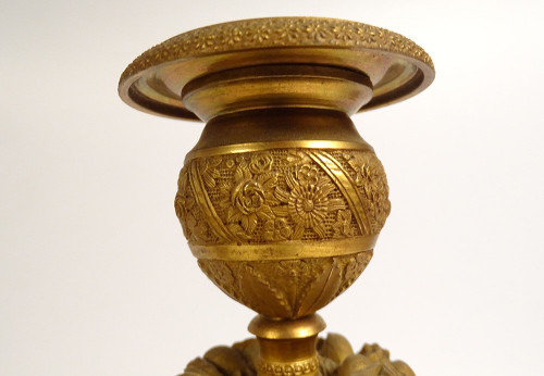 Paire Bougeoirs Flambeaux Bronze Doré Papillons Fleur Fruit Ier Empire XIXè