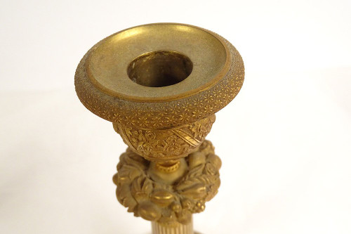 Paire Bougeoirs Flambeaux Bronze Doré Papillons Fleur Fruit Ier Empire XIXè