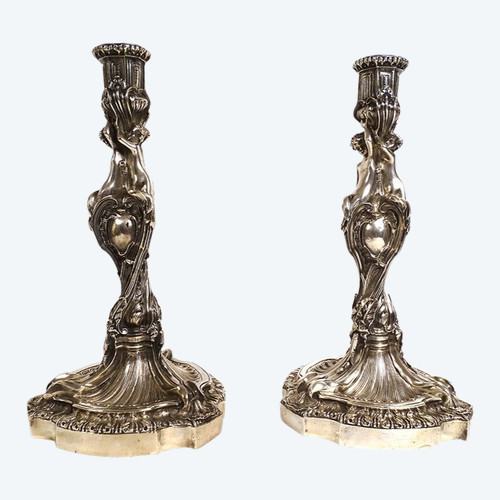 Pair of Louis XV candlesticks Flambeaux Rocaille Bronze ap. Meissonnier 19th c.
