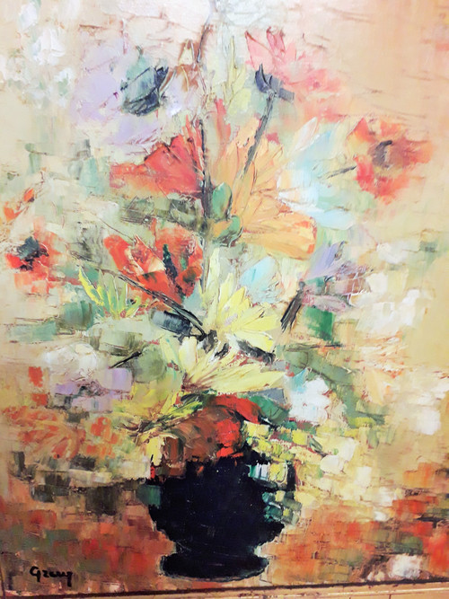 Oil painting on canvas bouquet of flowers signed Gracy 20th