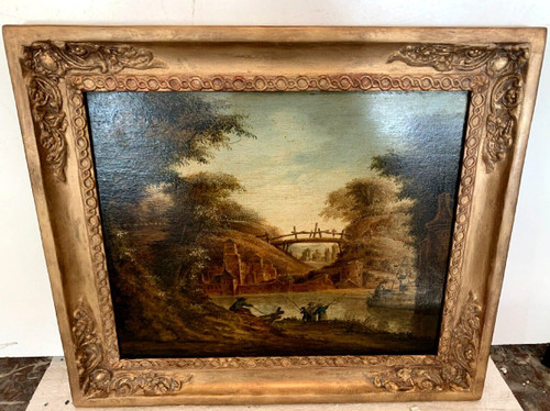 Huile Sur Panneau De Chêne Paysage Animé XIX Siècle