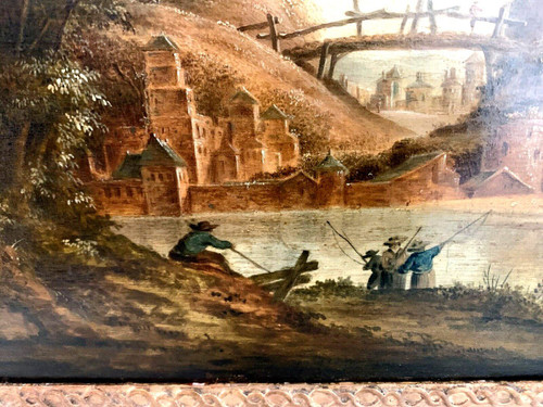 Huile Sur Panneau De Chêne Paysage Animé XIX Siècle