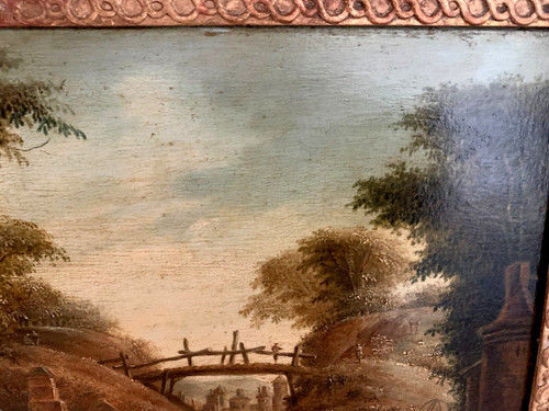 Huile Sur Panneau De Chêne Paysage Animé XIX Siècle