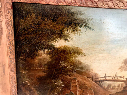 Huile Sur Panneau De Chêne Paysage Animé XIX Siècle