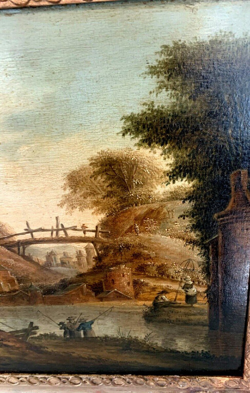 Huile Sur Panneau De Chêne Paysage Animé XIX Siècle