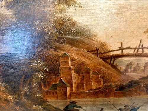 Huile Sur Panneau De Chêne Paysage Animé XIX Siècle