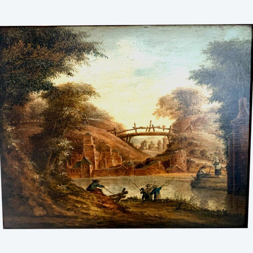 Huile Sur Panneau De Chêne Paysage Animé XIX Siècle