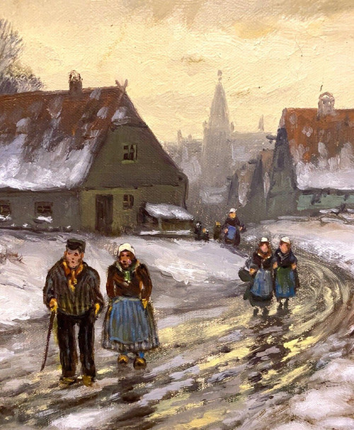 Oil On Canvas "snowy Village Animated With Characters" XX Century