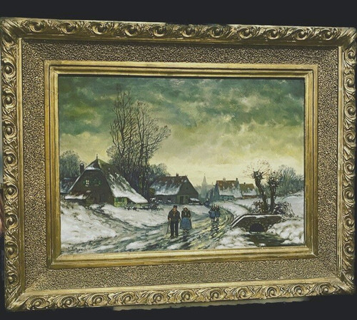 Oil On Canvas "snowy Village Animated With Characters" XX Century