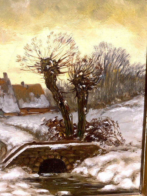 Oil On Canvas "snowy Village Animated With Characters" XX Century