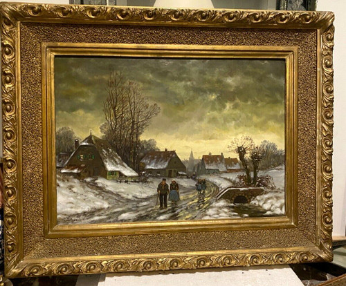 Oil On Canvas "snowy Village Animated With Characters" XX Century