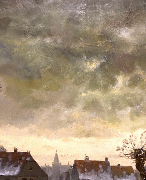 Oil On Canvas "snowy Village Animated With Characters" XX Century