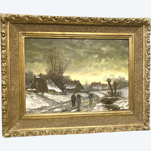Oil On Canvas "snowy Village Animated With Characters" XX Century