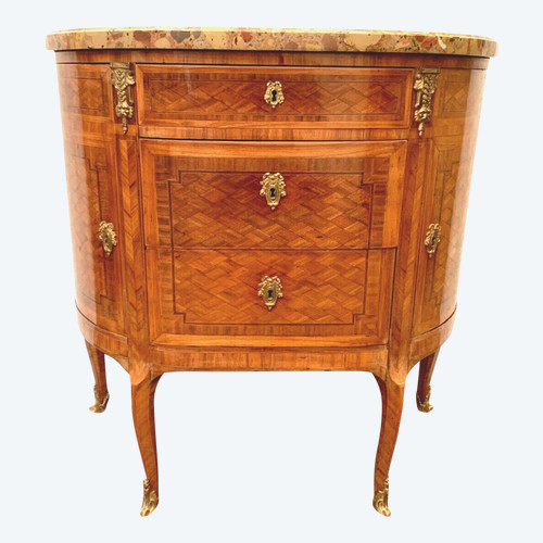 Commode En Demi Lune De Style Louis XVI Marqueterie A Fond De Cube XX Siècle
