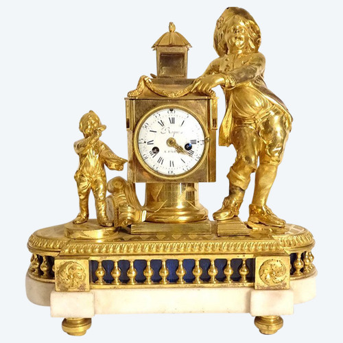 Clock Louis XVI Lanterne Magique Enfants Bronze Doré Marbre Roque XVIIIè