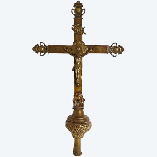 Croix de Procession Christ Crucifix Bronze Laiton Doré Vierge Marie XVIIè