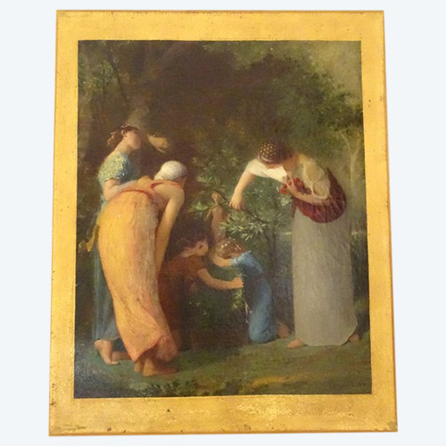 HST Tableau Emile Lévy Femmes Enfants Jardin Statue Cueilleuse Baies XIXè