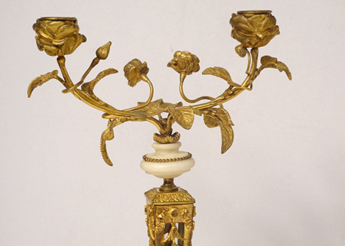 Pair of 2-light candlesticks Louis XVI Fleuri Bronze Doré Cristal Marbre XIXème