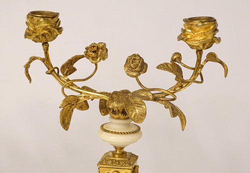 Pair of 2-light candlesticks Louis XVI Fleuri Bronze Doré Cristal Marbre XIXème