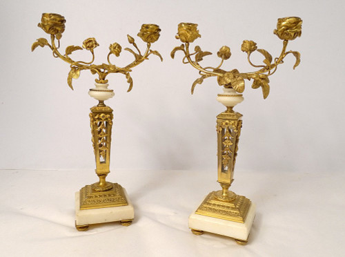 Pair of 2-light candlesticks Louis XVI Fleuri Bronze Doré Cristal Marbre XIXème